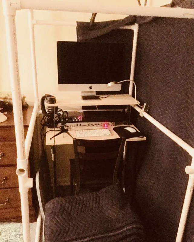 Anthony's first booth in 2017, made of PVC pipe and packing blankets